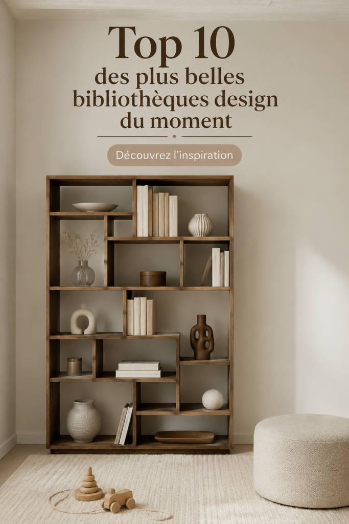 Une magnifique bibliothèque design en bois clair avec des livres et des objets de décoration