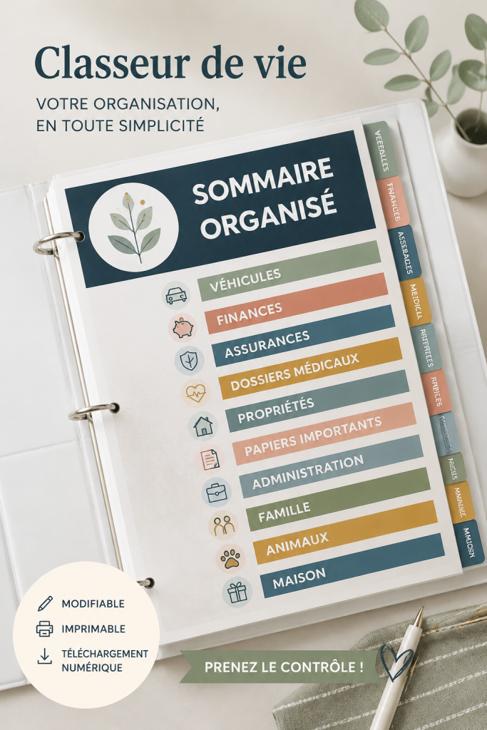 Un binder de gestion de maison ouvert sur une table avec des feuillets organisés.