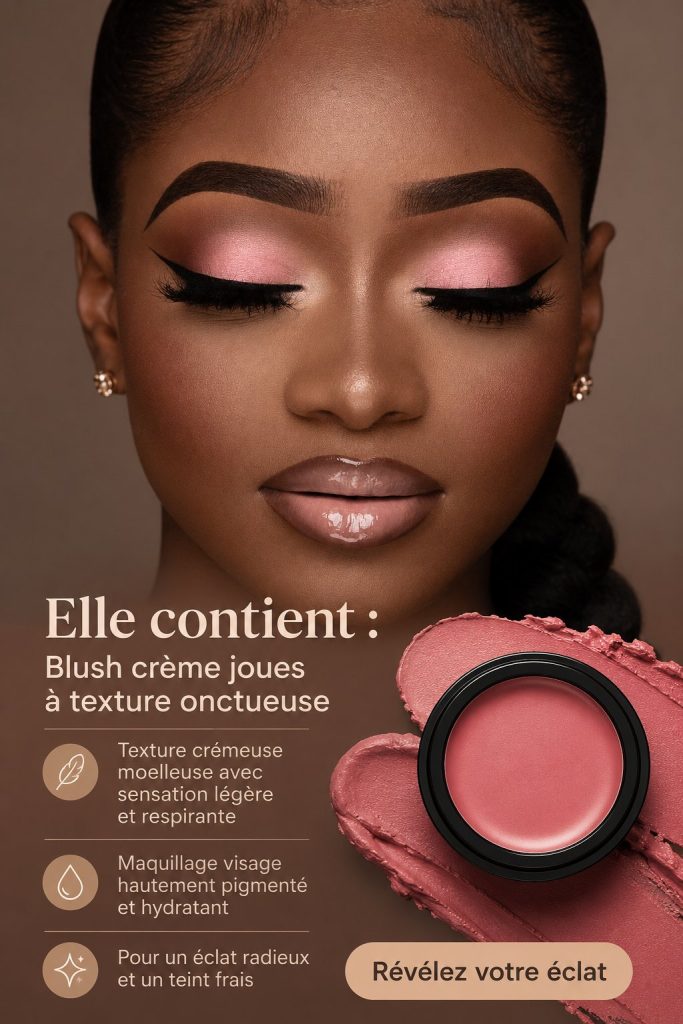 Blush crème Jutqut sur une table de maquillage, mettant en avant sa texture légère.