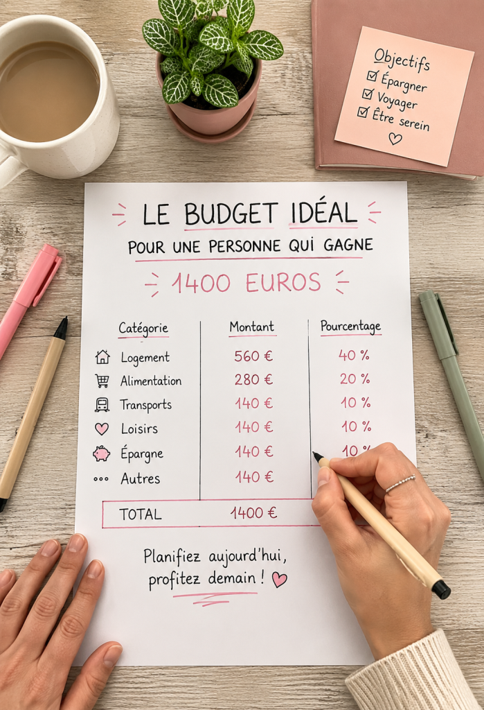 Femme souriante regardant un ordinateur tout en gérant son budget mensuel avec un revenu de 1400 euros.