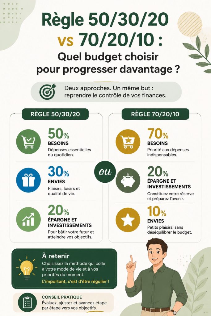 Femme analysant ses finances avec des graphiques de budgets 50/30/20 et 70/20/10
