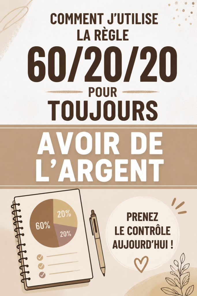 Une femme souriante devant un tableau de budget 60-20-20, prenant des notes sur ses finances personnelles.