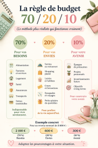 Illustration d'un graphique explicatif sur la méthode de budget 70/20/10.