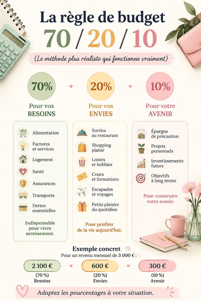 Illustration d'un graphique explicatif sur la méthode de budget 70/20/10.