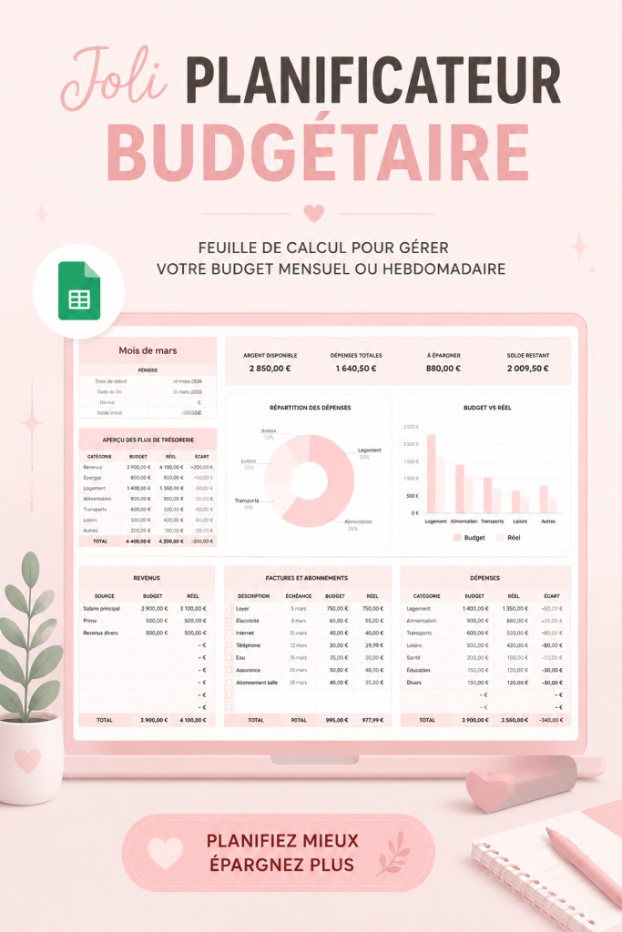 Modèle de budget Google Sheets mignon affichant des graphiques colorés.