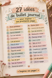 Exemple de pages inspirantes d'un Bullet Journal avec divers doodles et mises en page.