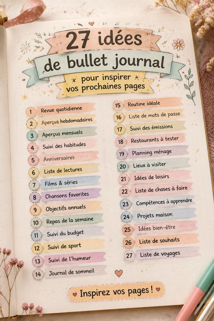 Exemple de pages inspirantes d'un Bullet Journal avec divers doodles et mises en page.