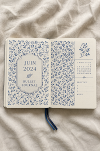 Bullet journal ouvert sur une page de juin 2024 avec des stylos de couleur et des idées créatives