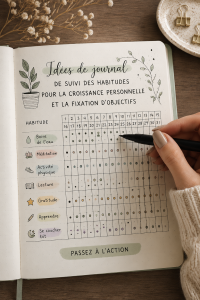 Bullet journal mensuel avec des illustrations et un suivi des habitudes