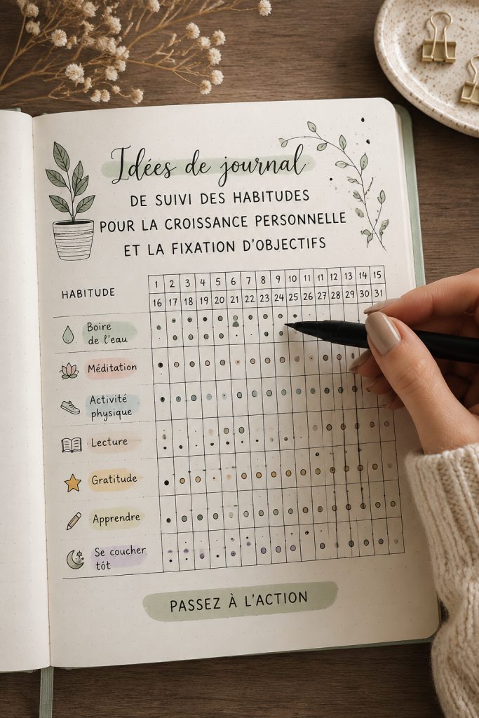 Bullet journal mensuel avec des illustrations et un suivi des habitudes