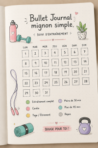 Bullet journal coloré avec des illustrations pour le suivi des entraînements.