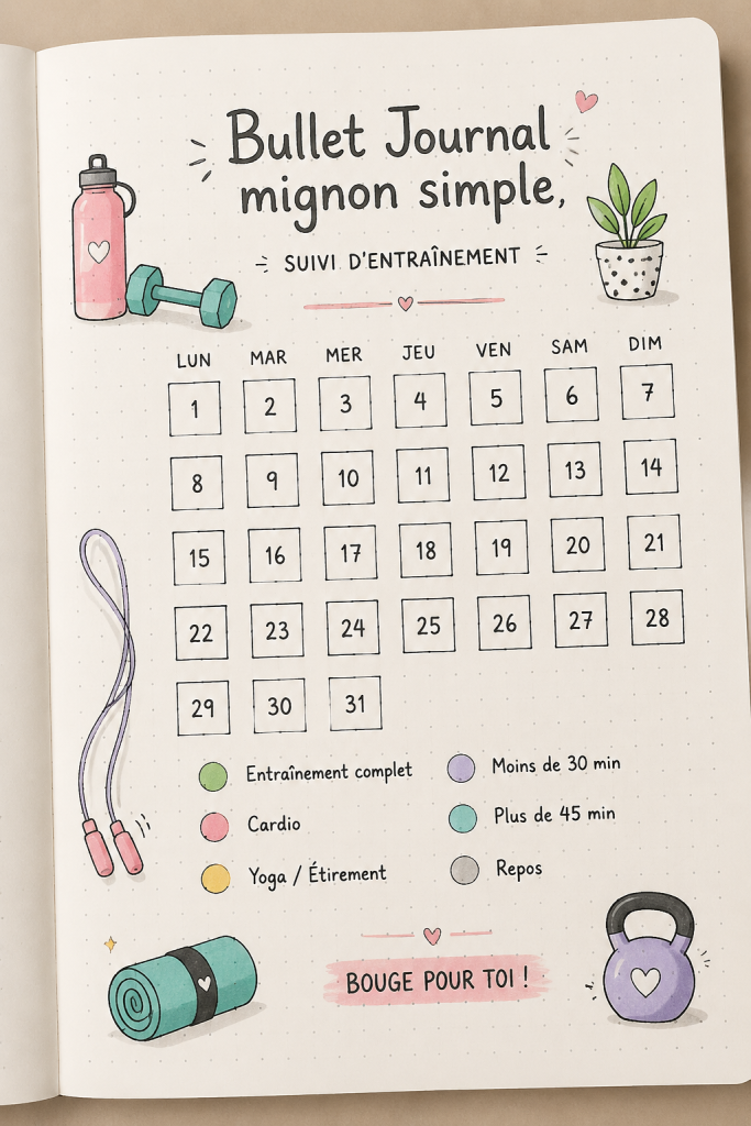 Bullet journal coloré avec des illustrations pour le suivi des entraînements.