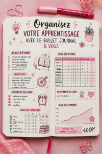 Image d'un bullet journal rempli avec des idées d'organisation et de well-being.
