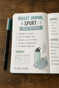 Mises en page créatives d'un bullet journal sportif avec des illustrations et des tableaux.