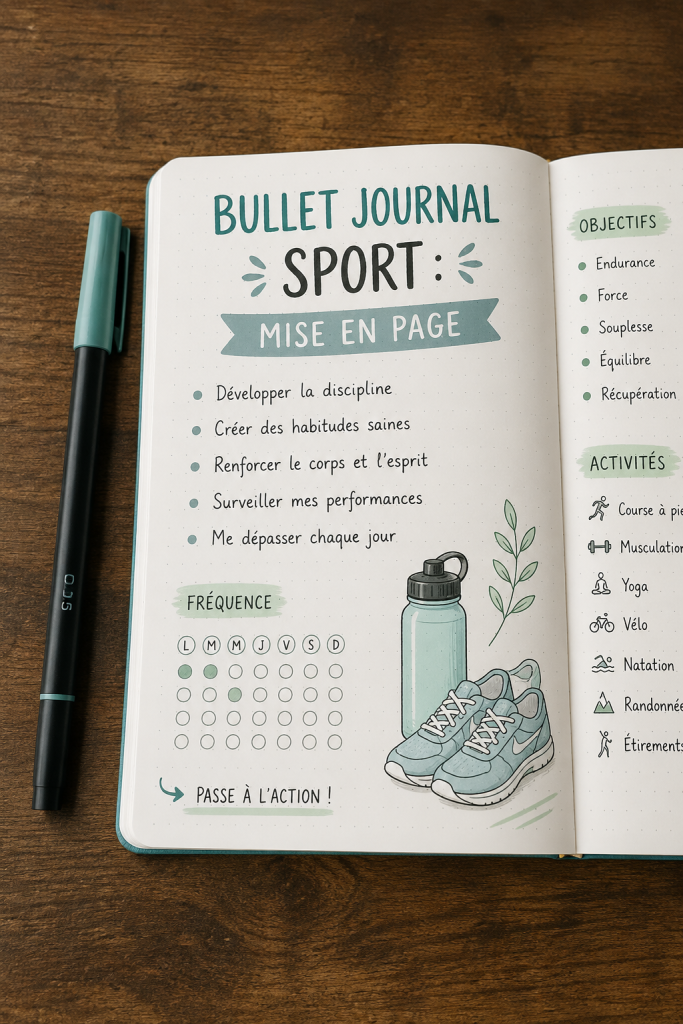 Mises en page créatives d'un bullet journal sportif avec des illustrations et des tableaux.