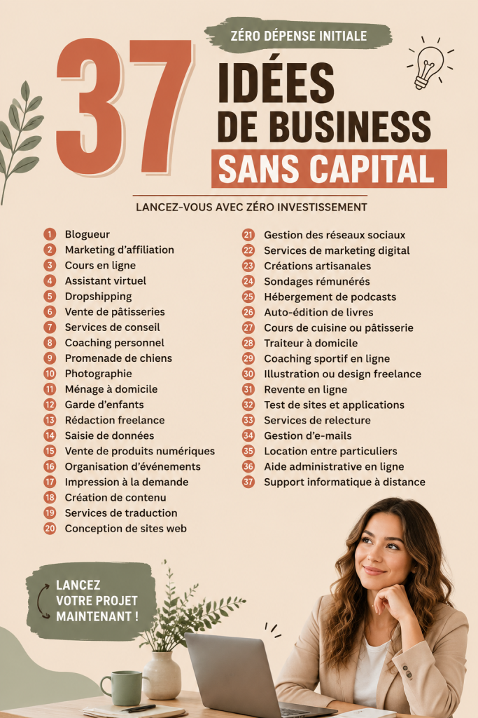 Une femme souriante réfléchissant à des idées de business sans frais