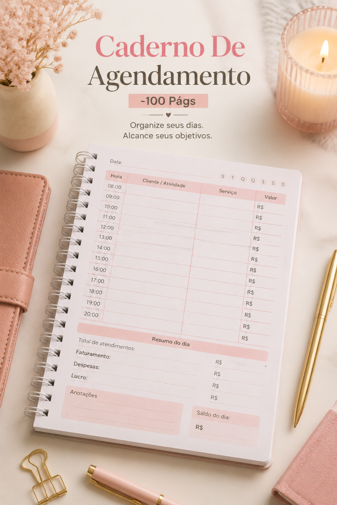 Un caderno d'agenda ouvert avec des notes colorées et des accessoires de bureau.
