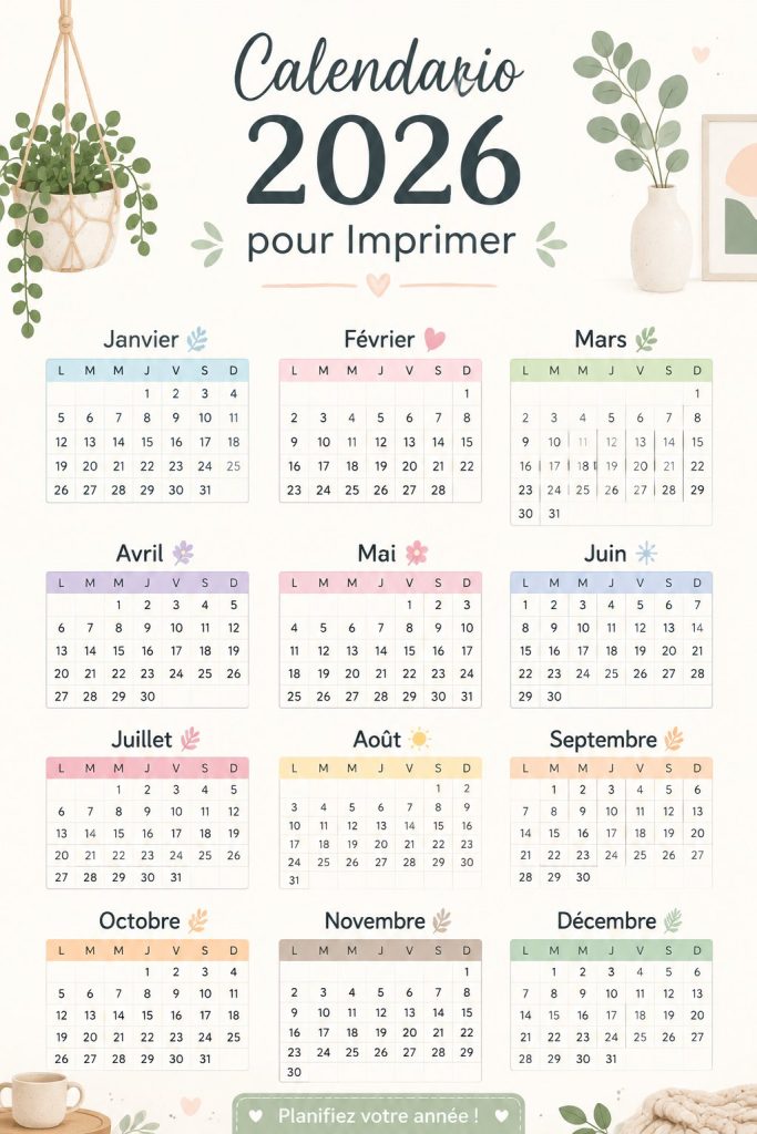 Modèle coloré de calendrier 2026 à imprimer