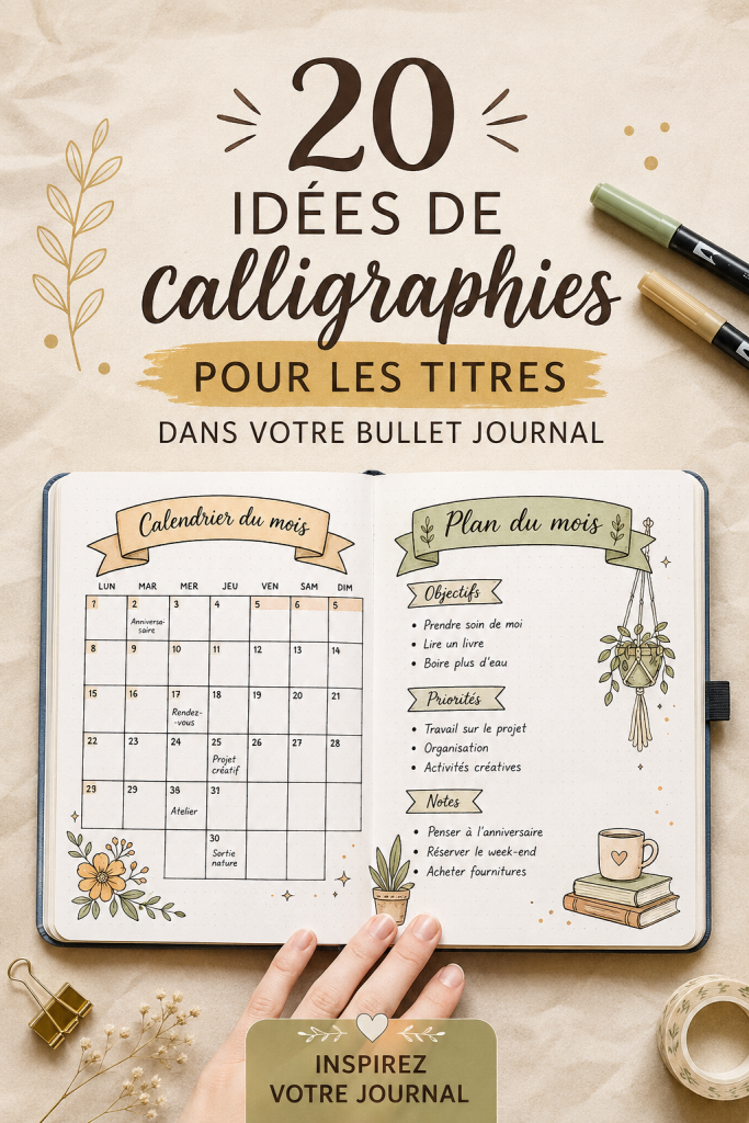 Un Bullet Journal avec des titres calligraphiés et des illustrations