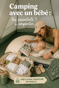 Une famille installant une tente de camping avec un bébé à leur côté dans un parc naturel.