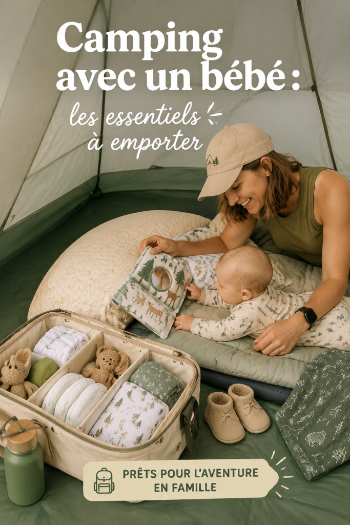 Une famille installant une tente de camping avec un bébé à leur côté dans un parc naturel.