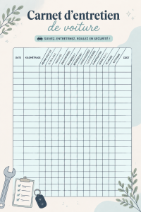 Carnet d'entretien automobile ouvert avec des notes et des outils à côté.