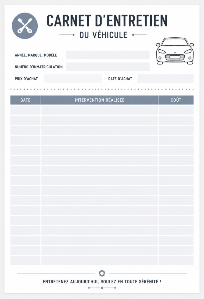 Un carnet d'entretien automobile ouvert avec des notes et dates d'entretien sur une table.