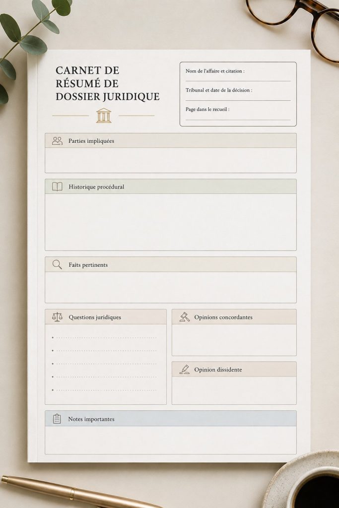 Un carnet de notes ouvert sur un bureau, illustrant l'organisation des étudiants en droit.