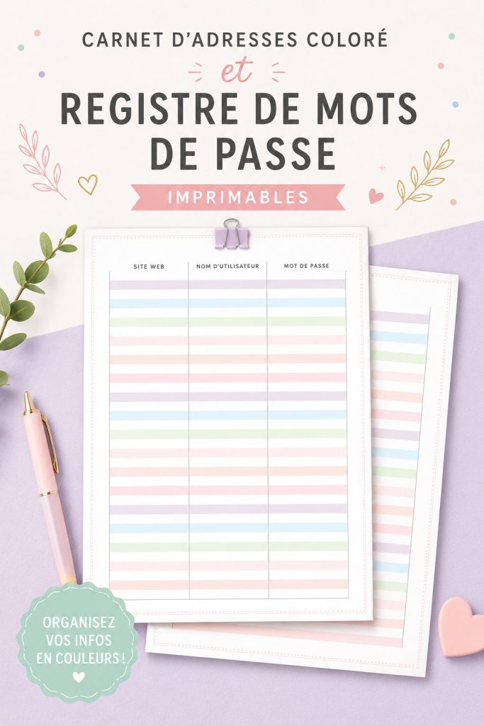 Un modèle coloré de carnet d'adresses imprimable sur un bureau.
