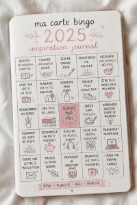 Une carte bingo colorée pour 2025 avec des objectifs journaling.