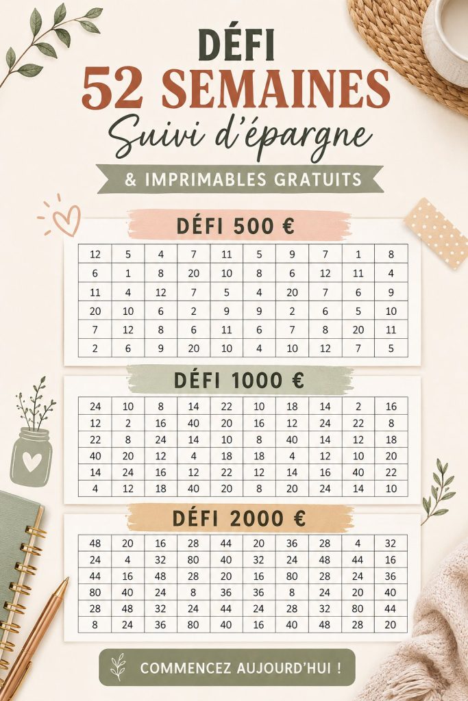 Une image d'enveloppes colorées utilisées pour le challenge d'épargne hebdomadaire.