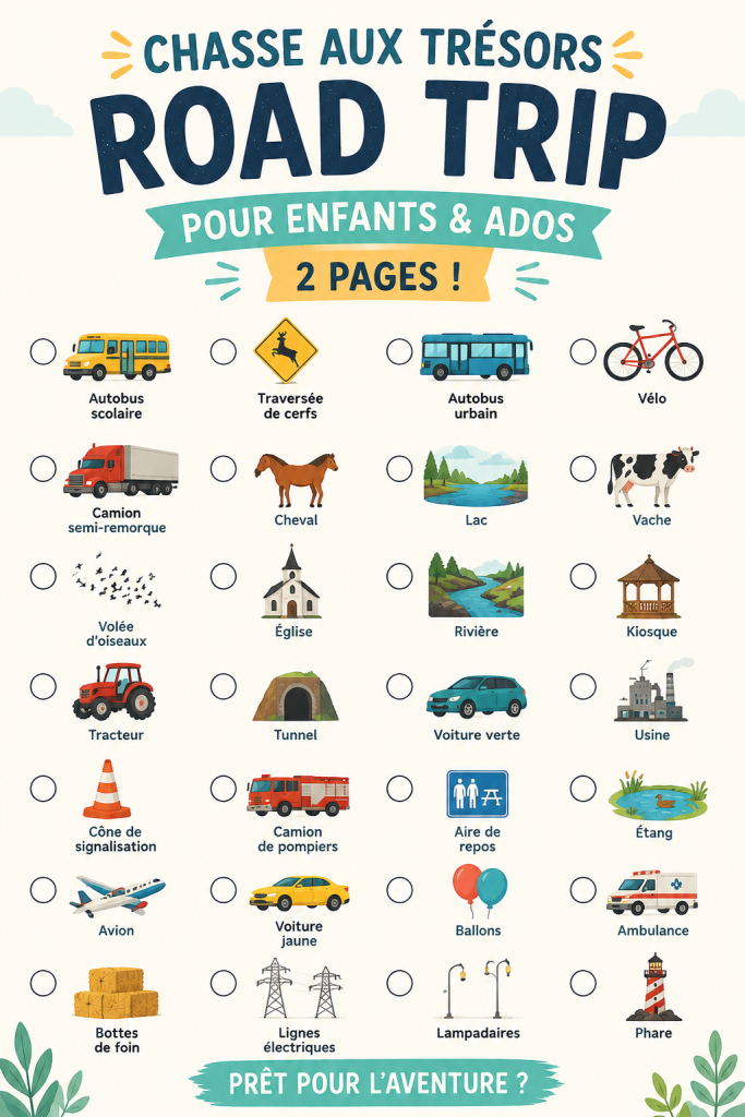Chasse au trésor en voiture pour enfants avec des illustrations amusantes