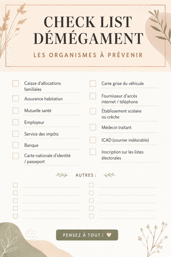 Image d'une check-list de déménagement sur un bureau avec des cartons en arrière-plan.