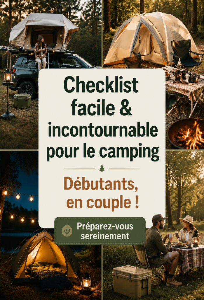 Une femme souriante devant une tente de camping, entourée de nature, avec une checklist de camping à la main.