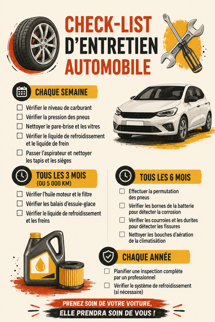Checklist d'entretien de voiture avec éléments à vérifier