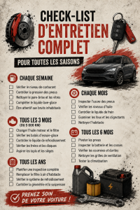 Checklist d'entretien auto saisonnier illustrée avec des outils et une voiture