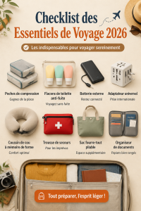 Une checklist de voyage sur un bureau avec des articles essentiels éparpillés, comme une valise ouverte.