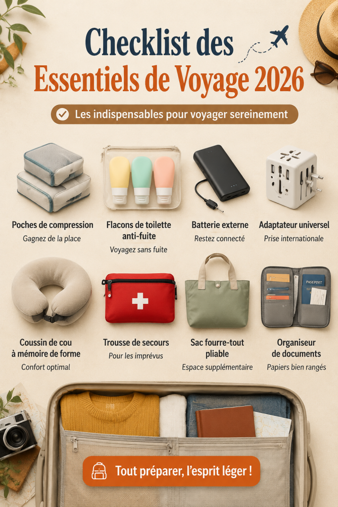 Une checklist de voyage sur un bureau avec des articles essentiels éparpillés, comme une valise ouverte.
