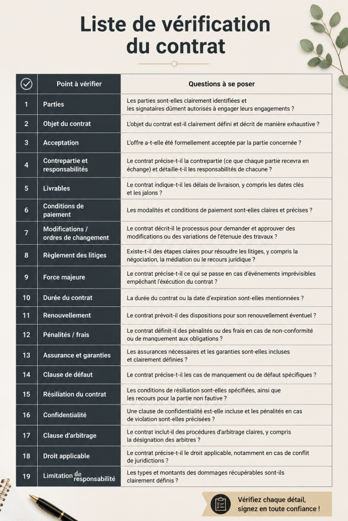Une personne examinant un contrat avec une checklist papier en main