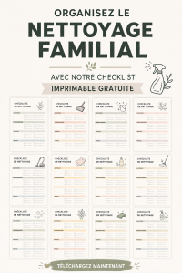 Une checklist imprimable sur une table préparée pour le nettoyage familial