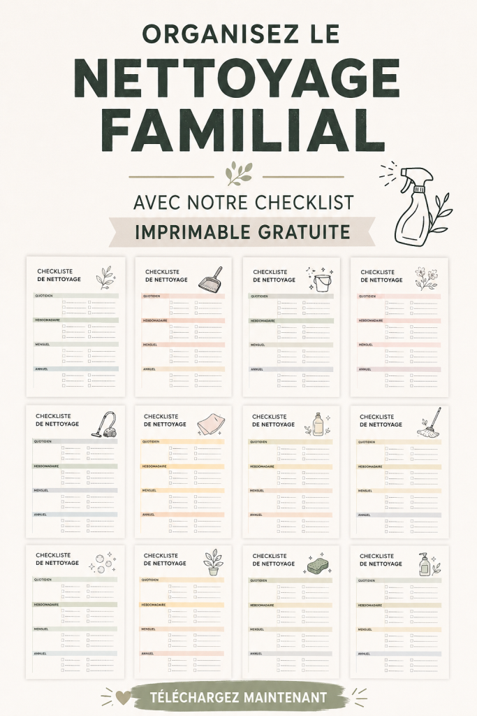 Une checklist imprimable sur une table préparée pour le nettoyage familial