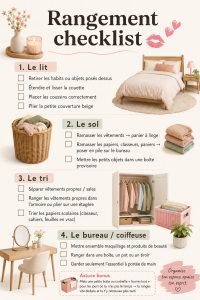 Une checklist de rangement posée sur une table avec quelques objets organisés autour.