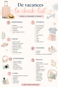 Checklist de voyage montrant des éléments à placer dans un bagage à main pour une famille