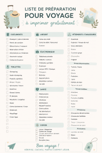Illustration d'une checklist de voyage imprimable sur un bureau avec des valises en arrière-plan.