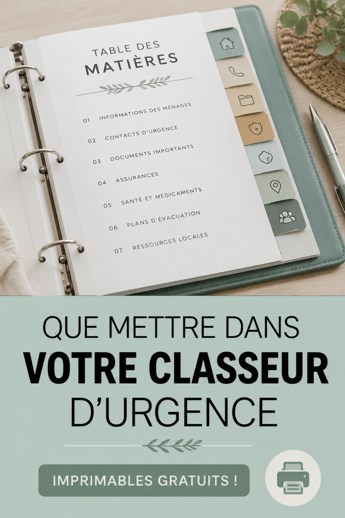 Un classeur de préparation aux urgences ouvert avec des documents organisés.