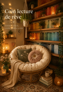 Un coin lecture cosy avec un fauteuil confortable et des étagères remplies de livres