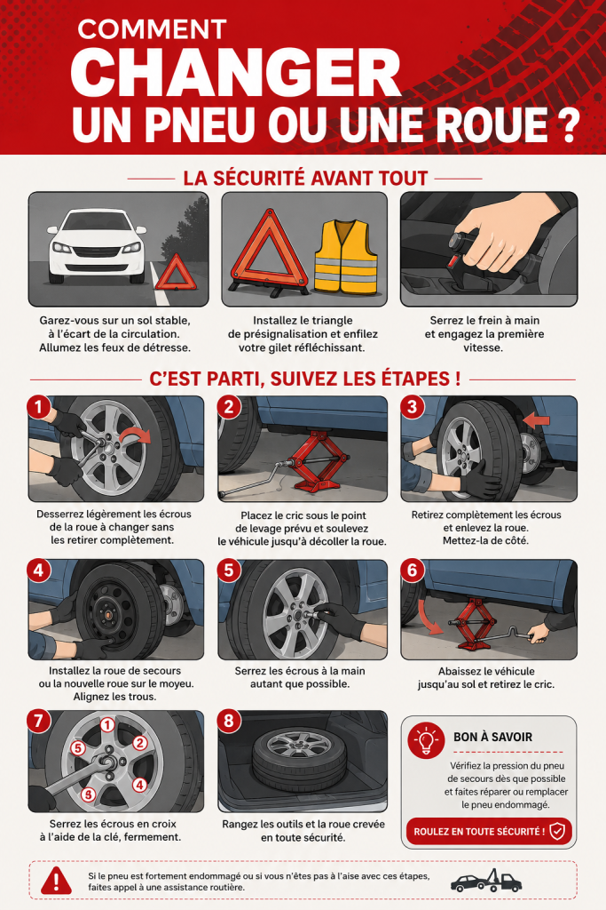 Femme changeant un pneu sur le bord de la route