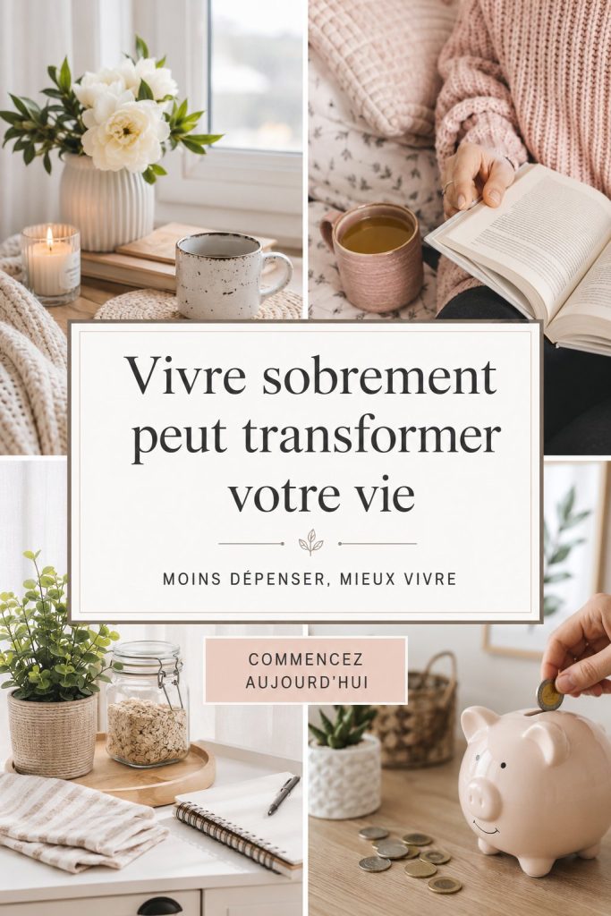 Image d'une femme souriante dans un café, représentant le bonheur simple d'une vie frugale.