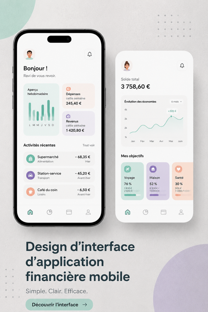 Écran d'accueil d'une appli de finances mobiles avec un design moderne et épuré