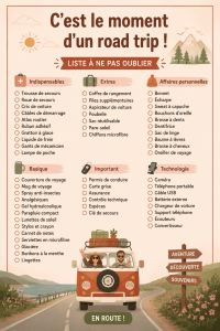 Famille souriante en voiture prête pour un road trip